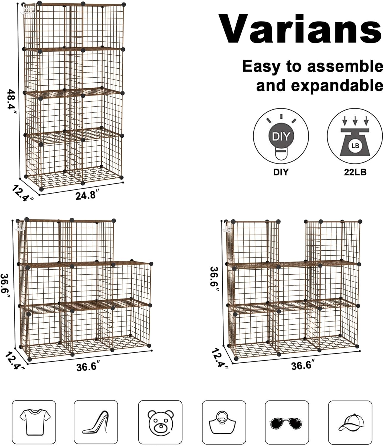 C&AHOME Wire Cube Storage, 8 - Cube Organizer Metal C Grids, Modular Shelves Units, Closet Organizer, Ideal for Home, Office, Living Room, 24.8" L x 12.4" W x 48.4" H, Brown UWCS3008R