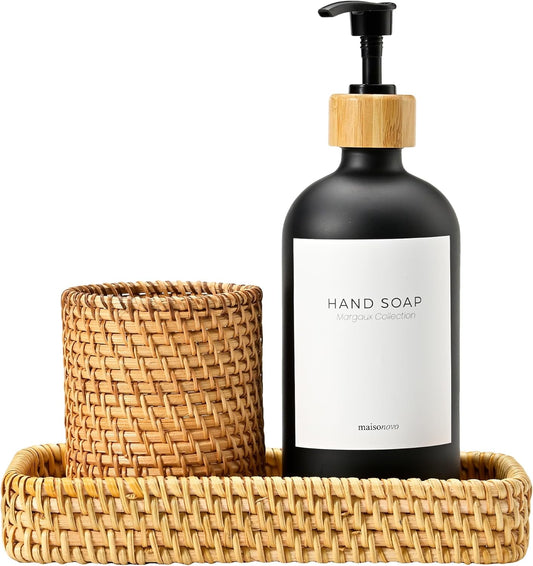 MaisoNovo Rattan Bathroom Set - Black Countertop Dispenser, Toothbrush Holder & Toothpaste Cup with Tray - Set of 3 - Rattan Bathroom Vanity Trays Rectangle for Storage