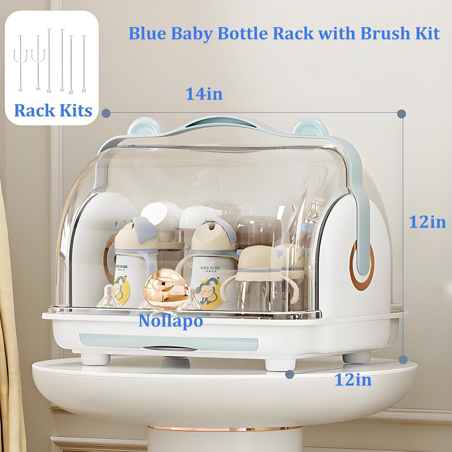 Transparent Baby Bottle Drying Rack with Double Lid and Removable Drain Tray Dust-Proof Baby Bottle Storage Box, Space Saving Baby Bottle Rack Dryer (Blue - Large)