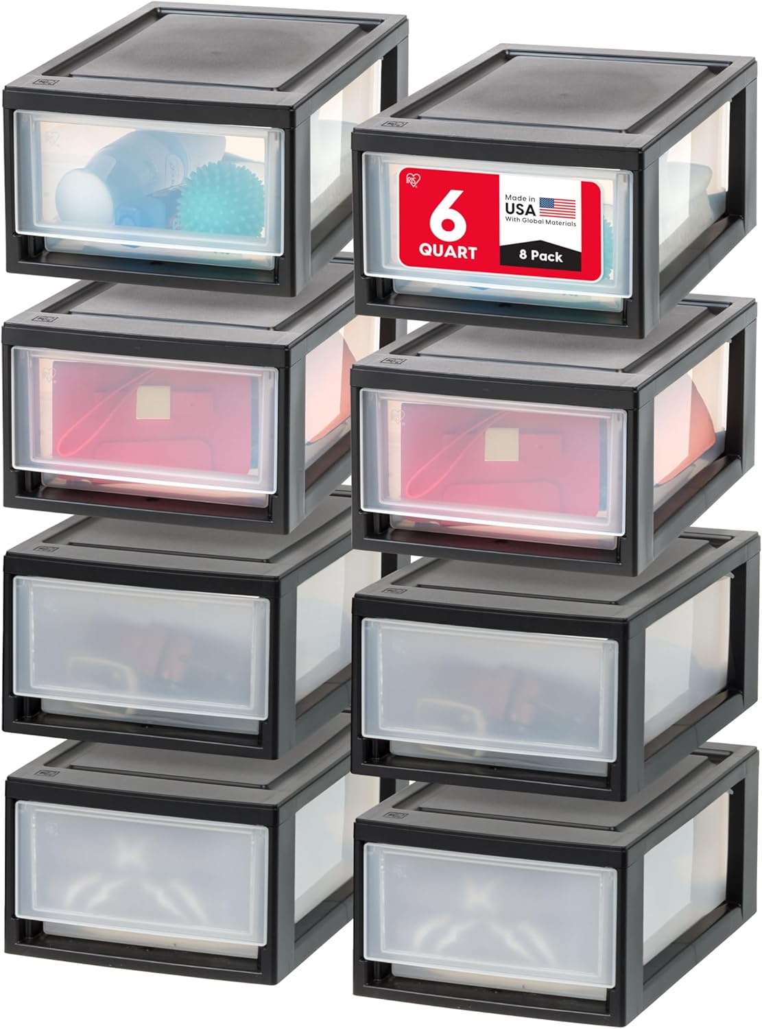 IRIS USA 6 Qt. Plastic Drawer Storage Organizer Stacking Drawers, 8-Pack, Stackable Unit with Sliding Drawer for Clothes Bedroom Kitchen Under Sink Pantry Craft Room Bathroom Dorm Office, Black