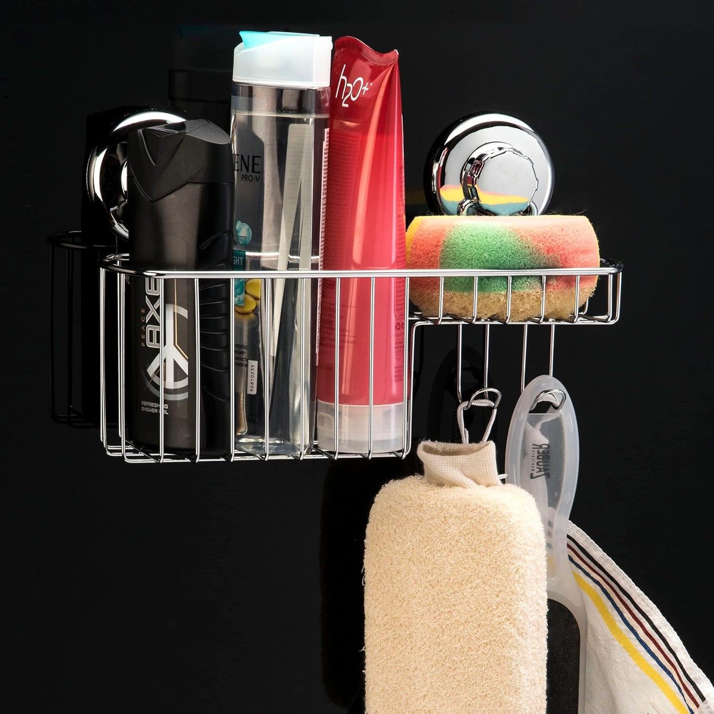 HASKO Shower Caddy Suction Cup, Shower Shelf with Soap Dish and Hooks Organizer, Suction Bathroom Shelf for Storage, Wall Mounted Basket, Silver