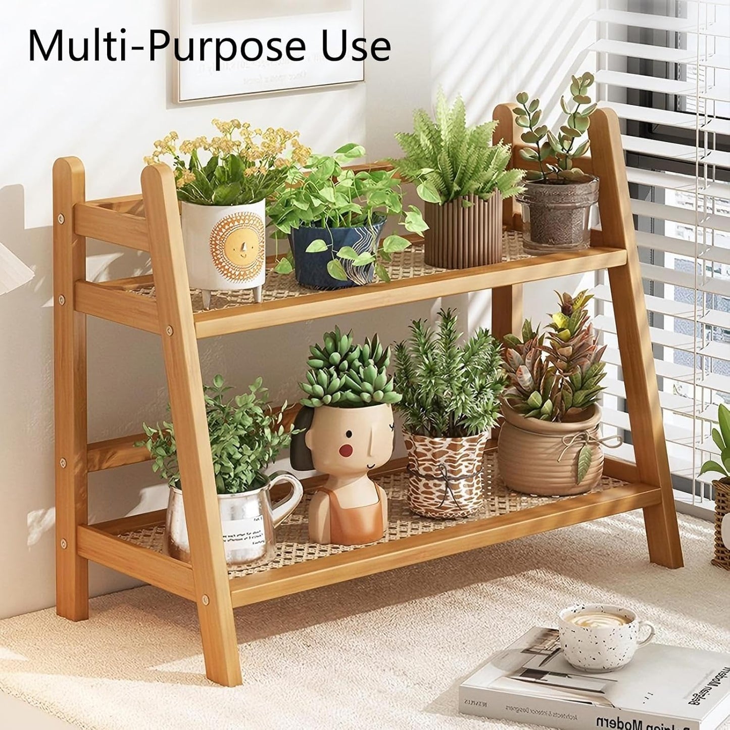 2 Tier Coffee Bar Station Organizer & Bamboo Mug Holder – Countertop Tea and Coffee Bar Accessories Stand, Matcha Display Shelf with Condiment Storage Rack, Cup Organizer for Kitchen Counter (Large)