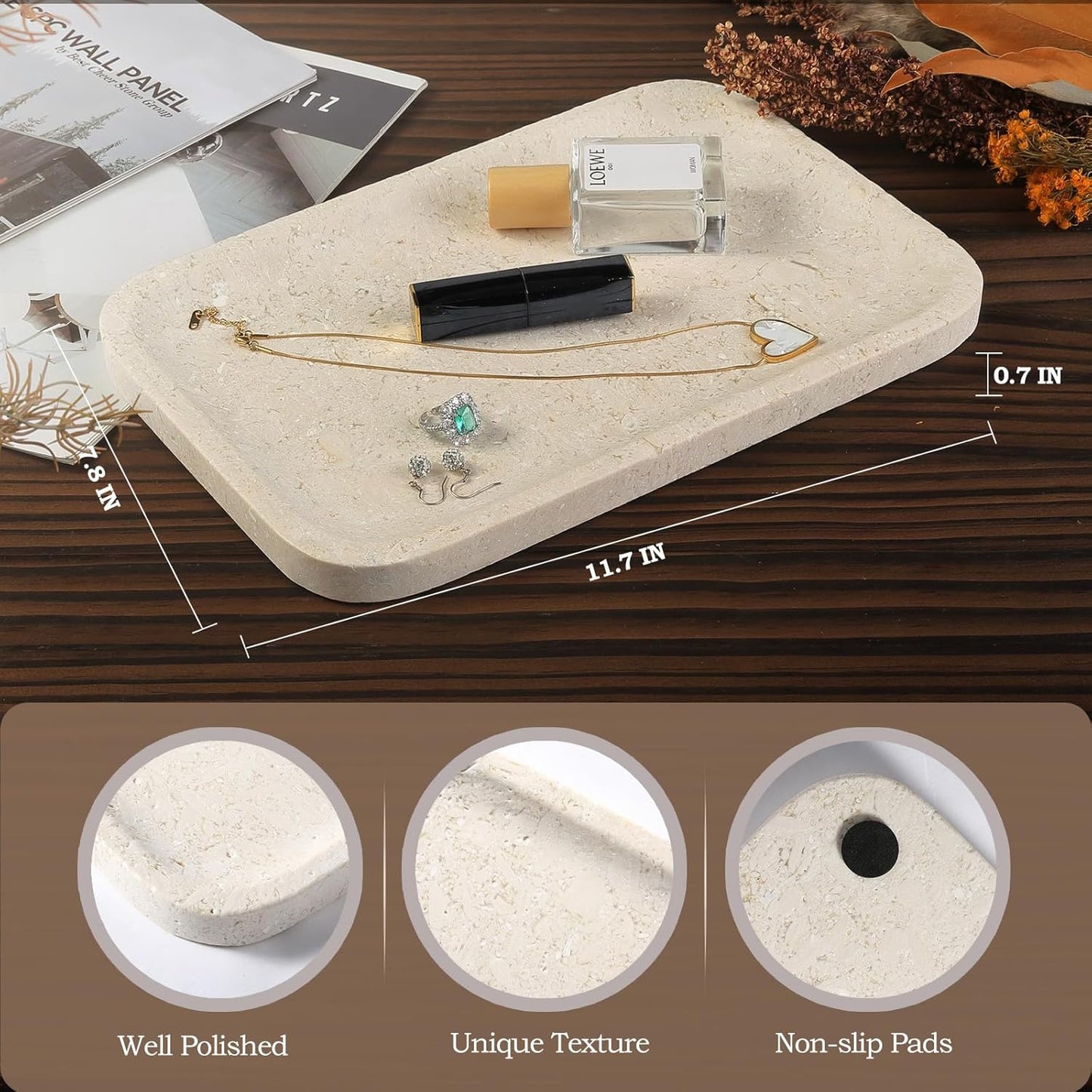 Koville Marble Vanity Tray, 12"x8" Marble Catchall Tray for Countertop Bathroom Kitchen Dresser, Rectangular Decorative Stone Tray for Jewelry Cosmetics Perfume Trinket(Brown)