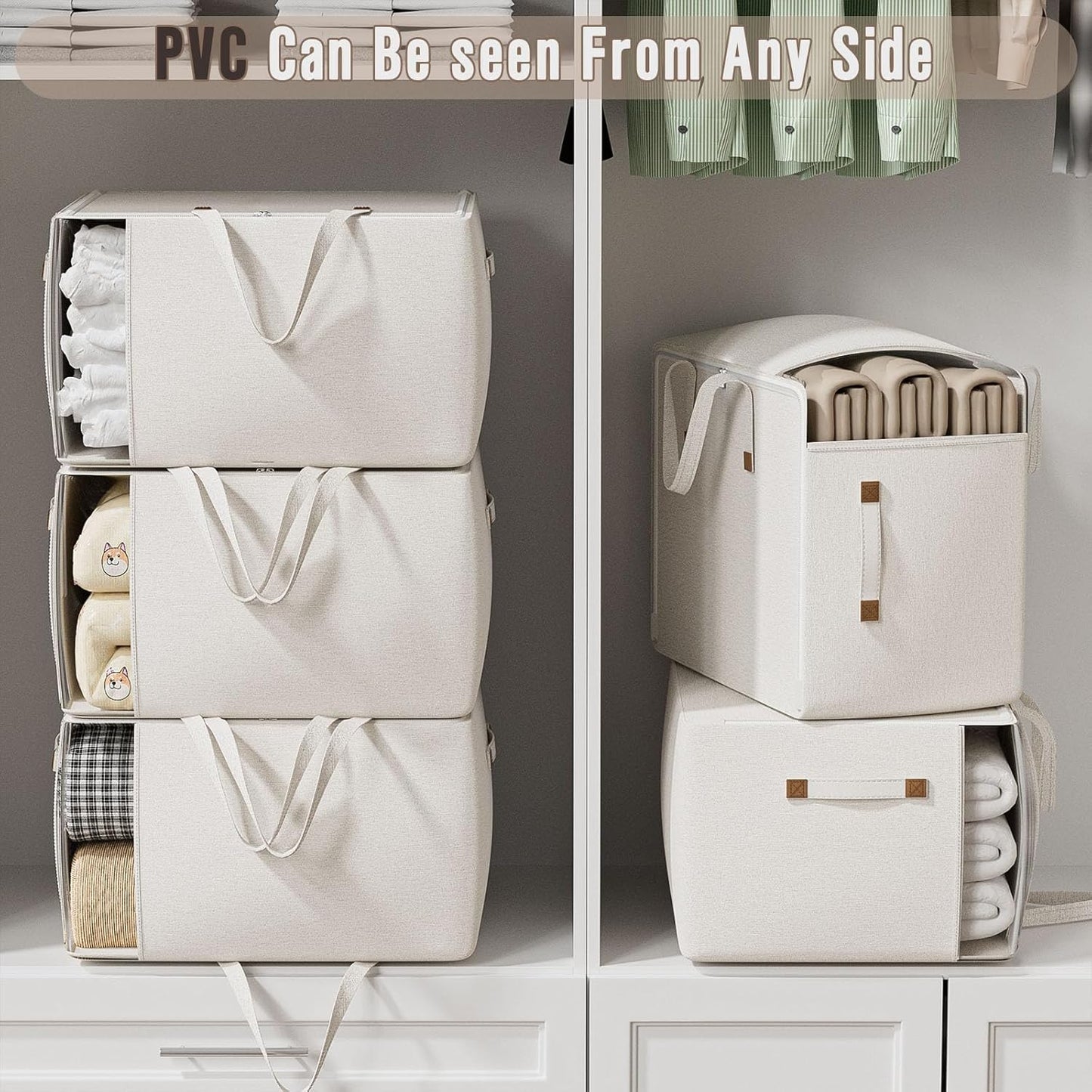 Heavy Duty Cotton Canvas Storage Bags For Comforter Blankets Clothes Extra Large Foldable Organizer with Clear Window & Reinforced Handles, Dustproof Design (White, 80L-4Pack)