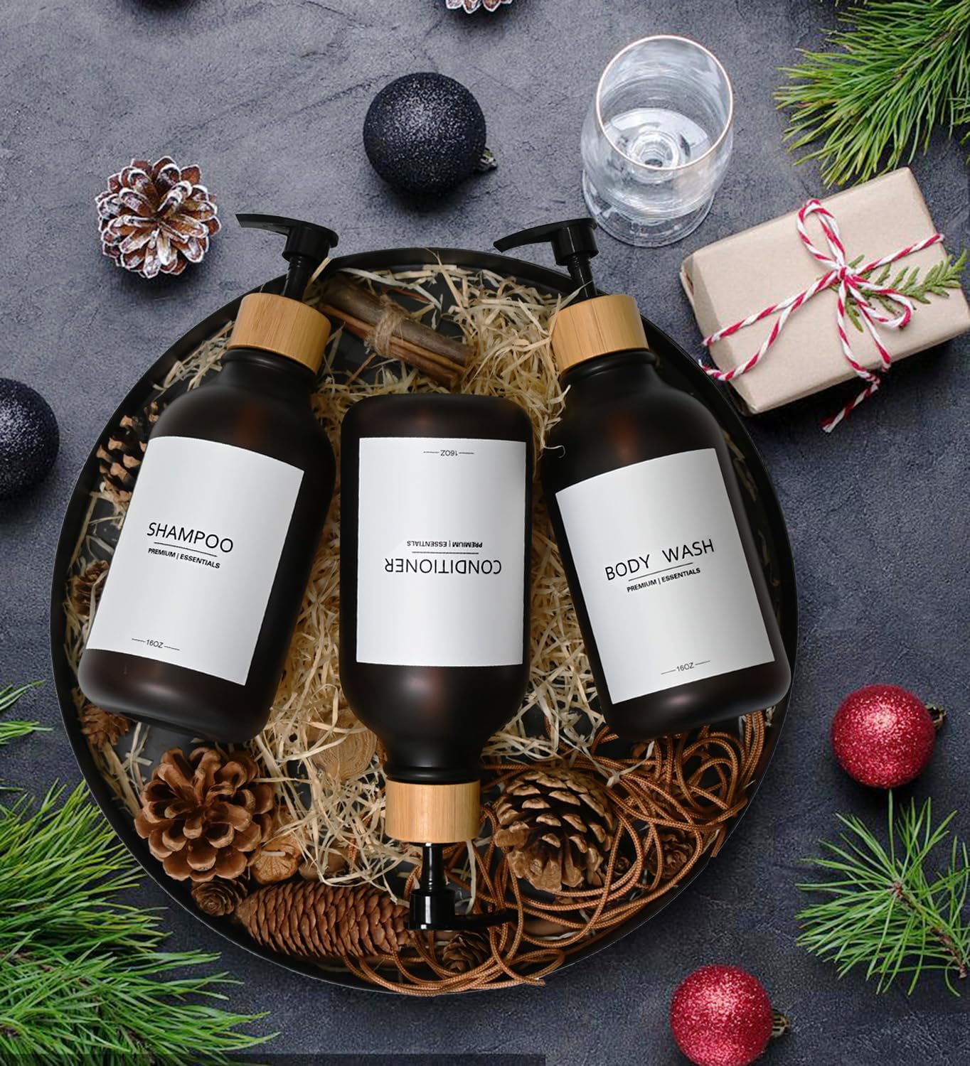 Frosted Plastic Shampoo and Conditioner Bottles, Apothecary Dispenser Bamboo Pump, Refillable Bottles for Shower Lotion, Oil, Hand Soap, Sanitizer, Liquid Soap, Set of 3 with 9 Labels (6, Matte Amber)