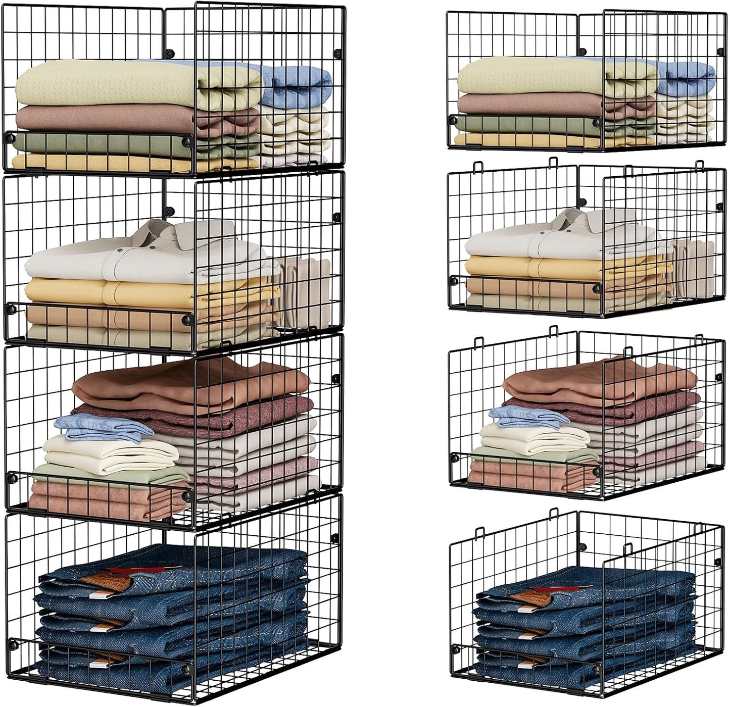 4-Tier Stackable Closet Organizers and Storage Shelves, Foldable Closet Shelf Organizer System, Stackable Storage Bins Drawers for Closet Organizer System, Black(Patent Pending, 15.7"x11.8"x34.64")