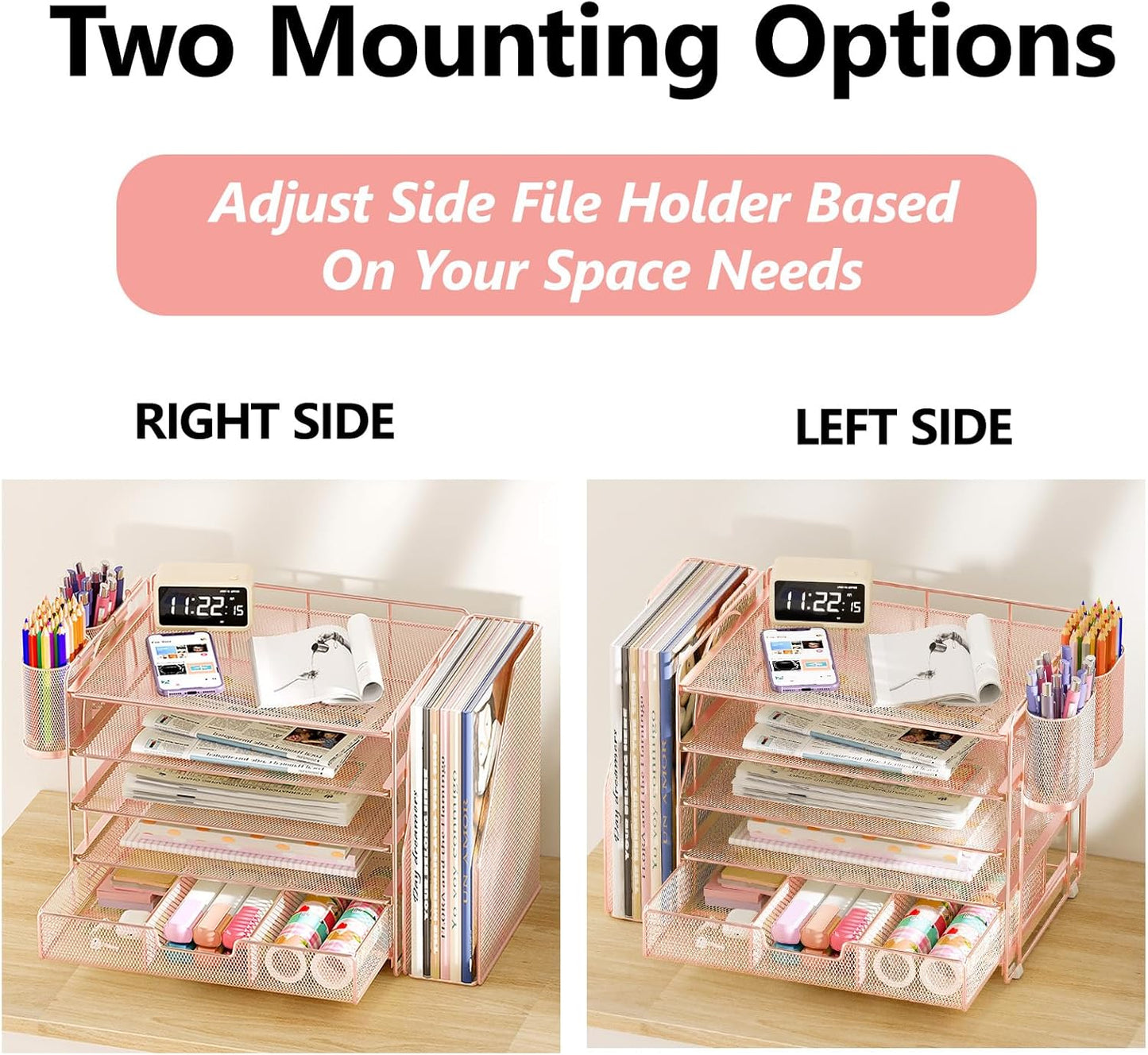 Desk Organizers and Accessories with File Holder, 5-Tier Office Desk Accessories & Workspace Desktop Organizer with Drawer and 2 Pen Holder, File Paper Organizer for Office Supplies(Rose Gold)