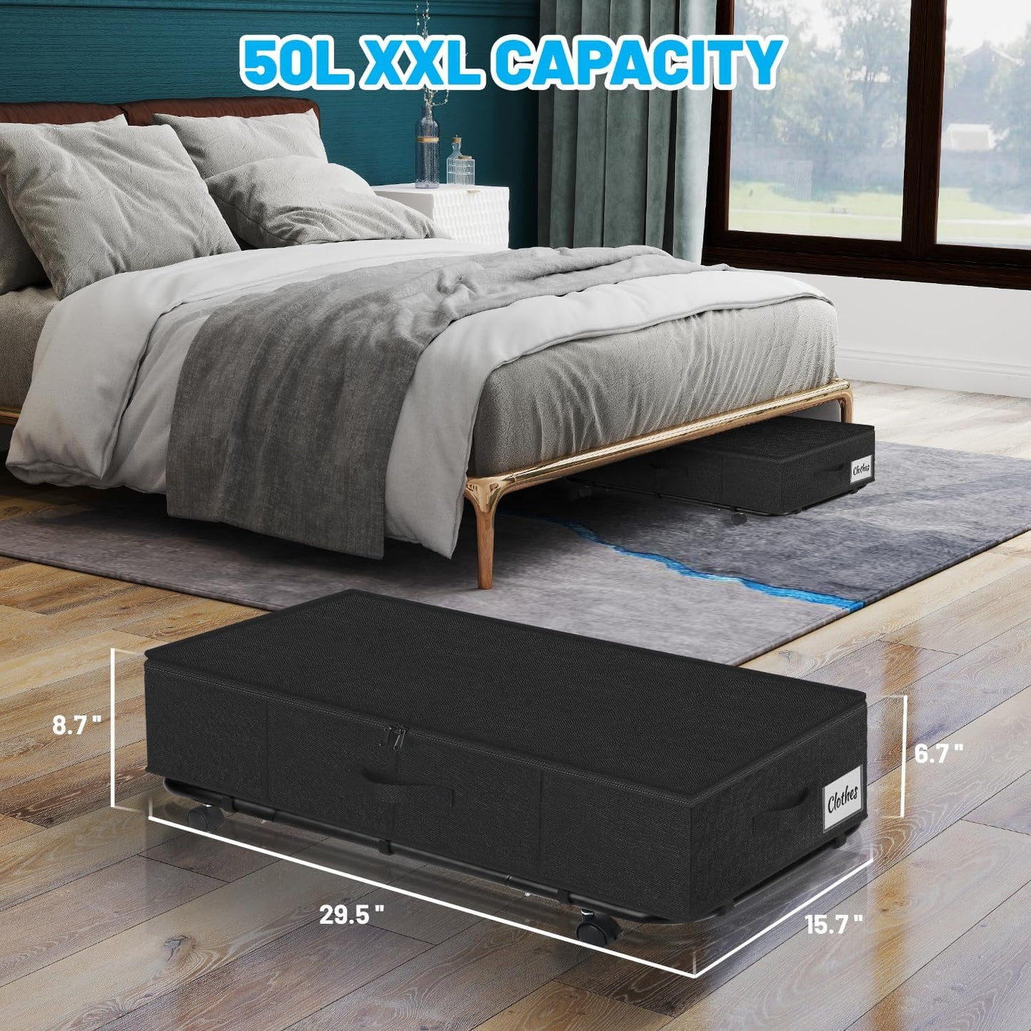 Large Sturdy Under Bed Storage with Wheels, 2 Pack 50L Rolling Underbed Storage Bins, Under Bed Containers Drawer with Metal Bottom Support, Bedroom Organizer with Lids for Clothes, Shoes, Blankets
