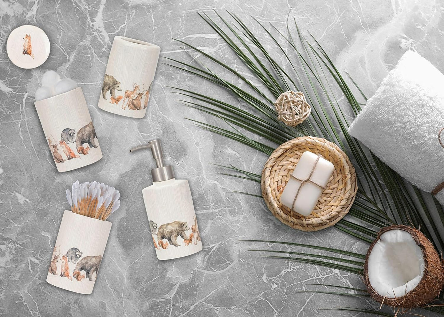 NAT & Jules Chic Modern Rounded 4.5 inch Ceramic Bathroom Accessories Set of 4 - Home Décor & Organization Perfect for Bath or Kitchen Household Essentials, Lodge Animals