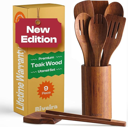 Riveira Teak Wooden Cooking Utensils Set of 9 Premium Quality Non-Toxic Wooden Spoons & Spatulas for Cooking, Stirring, Flipping & Serving