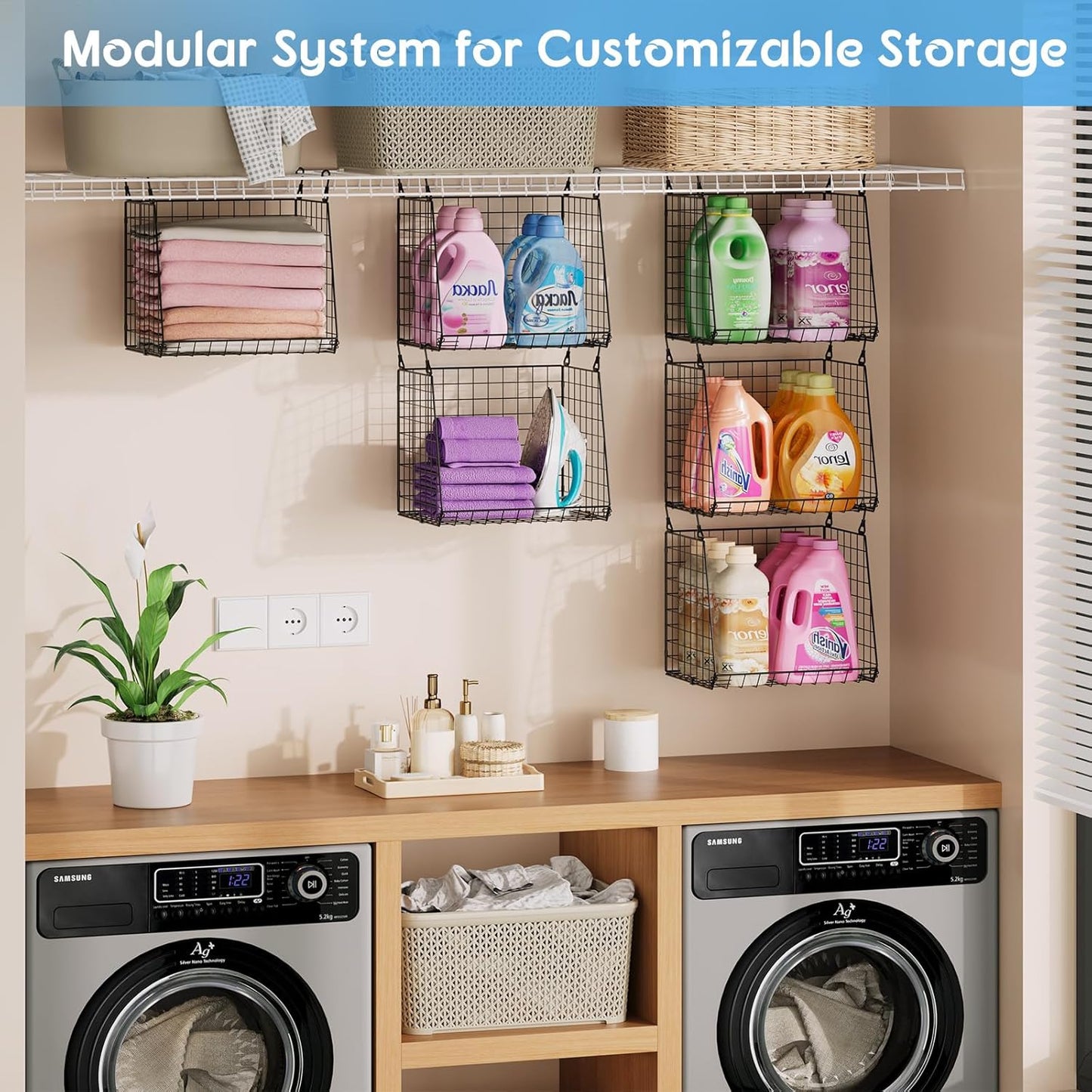 3-Pack Extra-Tall 13.6'' Hanging Laundry Basket Organizer, Foldable Wire Shelf with 360° Rotating Hooks & Reinforced Height - Durable Space-Saving Laundry Room & Closet Organizer, White Patent