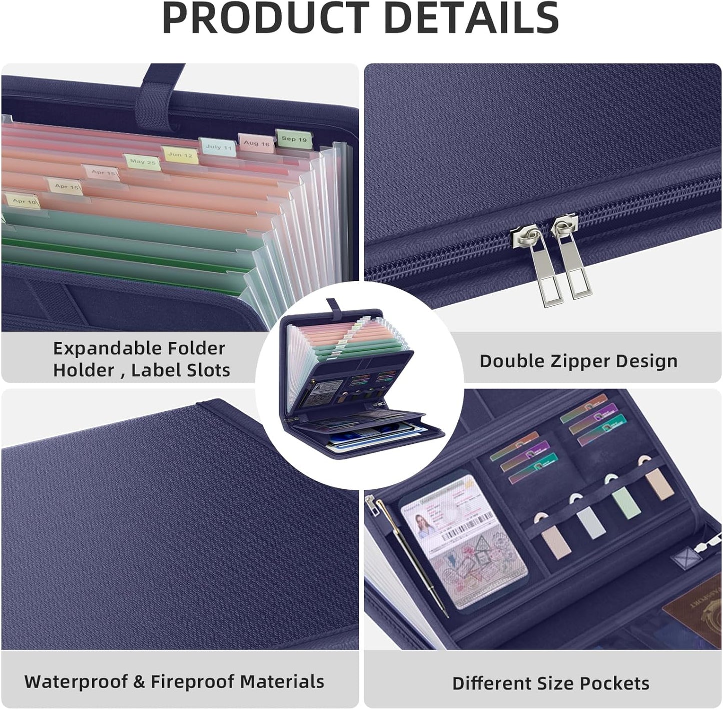 Fireproof Accordion File Organizer, Portable Expanding File Folder with Waterproof Zipper&Labels, Blue Document Organizer with 13 Pockets, File Organizer for Important Document/Paper Storage
