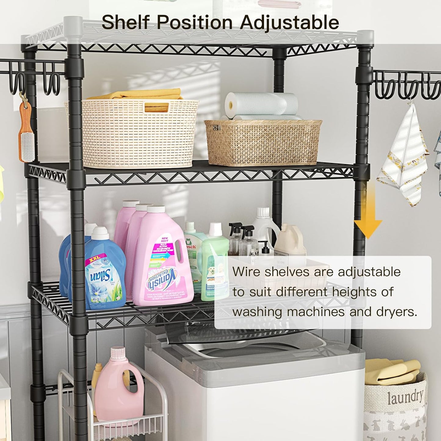 Ulif U8 Laundry Room Storage Organizer, Over The Washer and Dryer Storage Shelves for Laundry Organization, 35" W x 17.3" D x 76.2" H, Suit Washing Machine Width Within 32.6", Hold 304 lb, Black