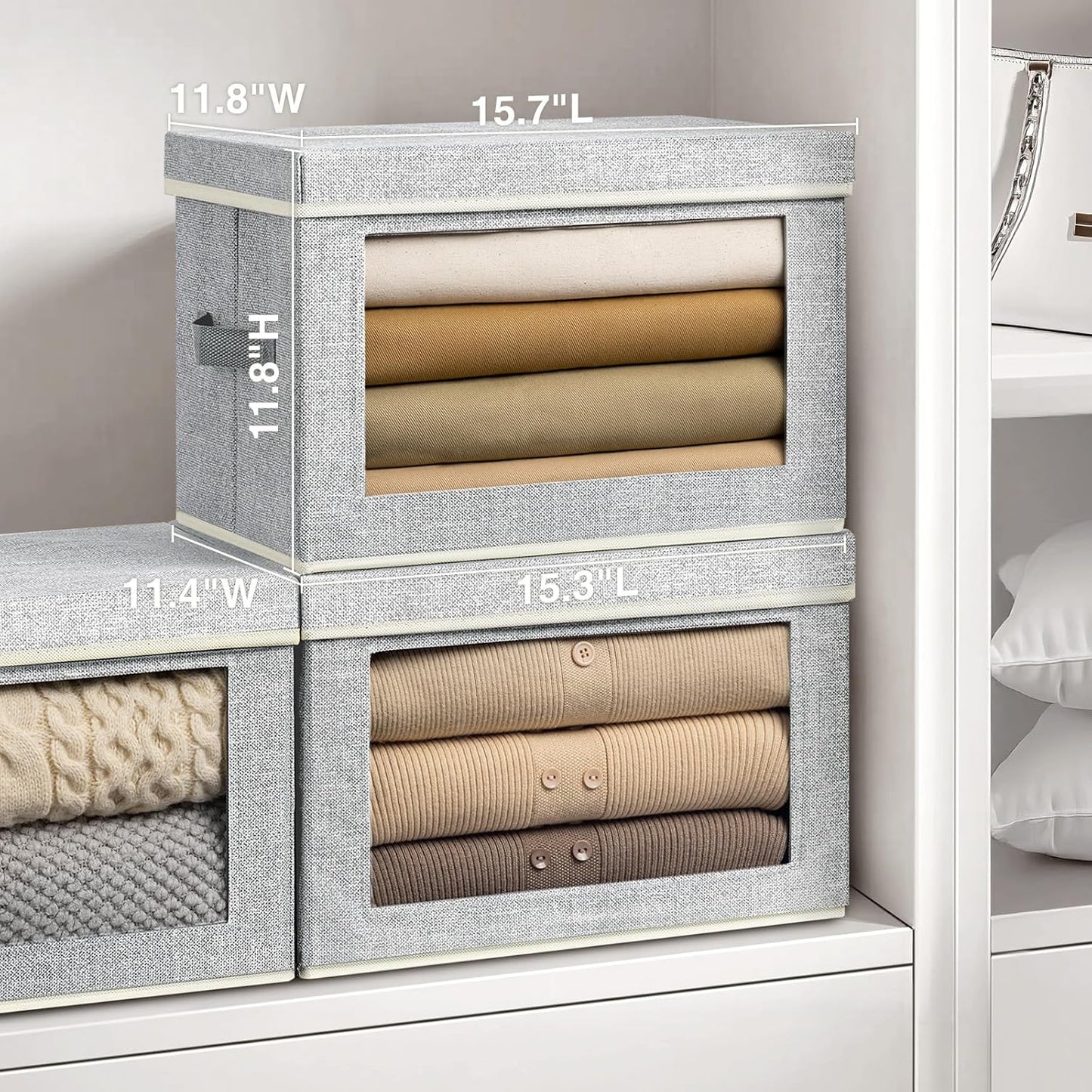 Fabric Storage Bins with Lids, Large Storage Cubes with Window, Fabric Storage Baskets Bins for shelves, Closet Storage Boxes for Clothes, Towel, Office, 4 Packs, Blended