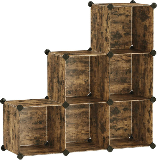 SONGMICS 6 Cube Storage Organizer, Modular Bookshelf, DIY Closet Organizers and Storage, Plastic Stackable Shelves, 11.8 x 11.8 x 11.8 Inch Cubes, with Feet and Rubber Mallet, Rustic Brown ULPC111A01