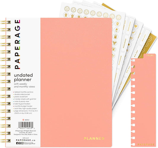 PAPERAGE Undated 12 Month Weekly & Monthly Planner with Durable Cover & Spiral Binding, 7.5 in x 9 in, Productivity Planner with Note Pages, Goals & Budget Trackers, Stickers & Bookmark (Coral)