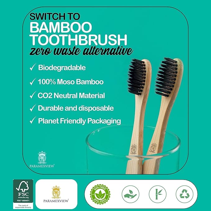 Paramexview® Natural Bamboo Toothbrushes Set of 4 | BPA-Free Medium Bristles, Eco-Friendly | Biodegradable Handle, Charcoal Infused and Organic Base (White)