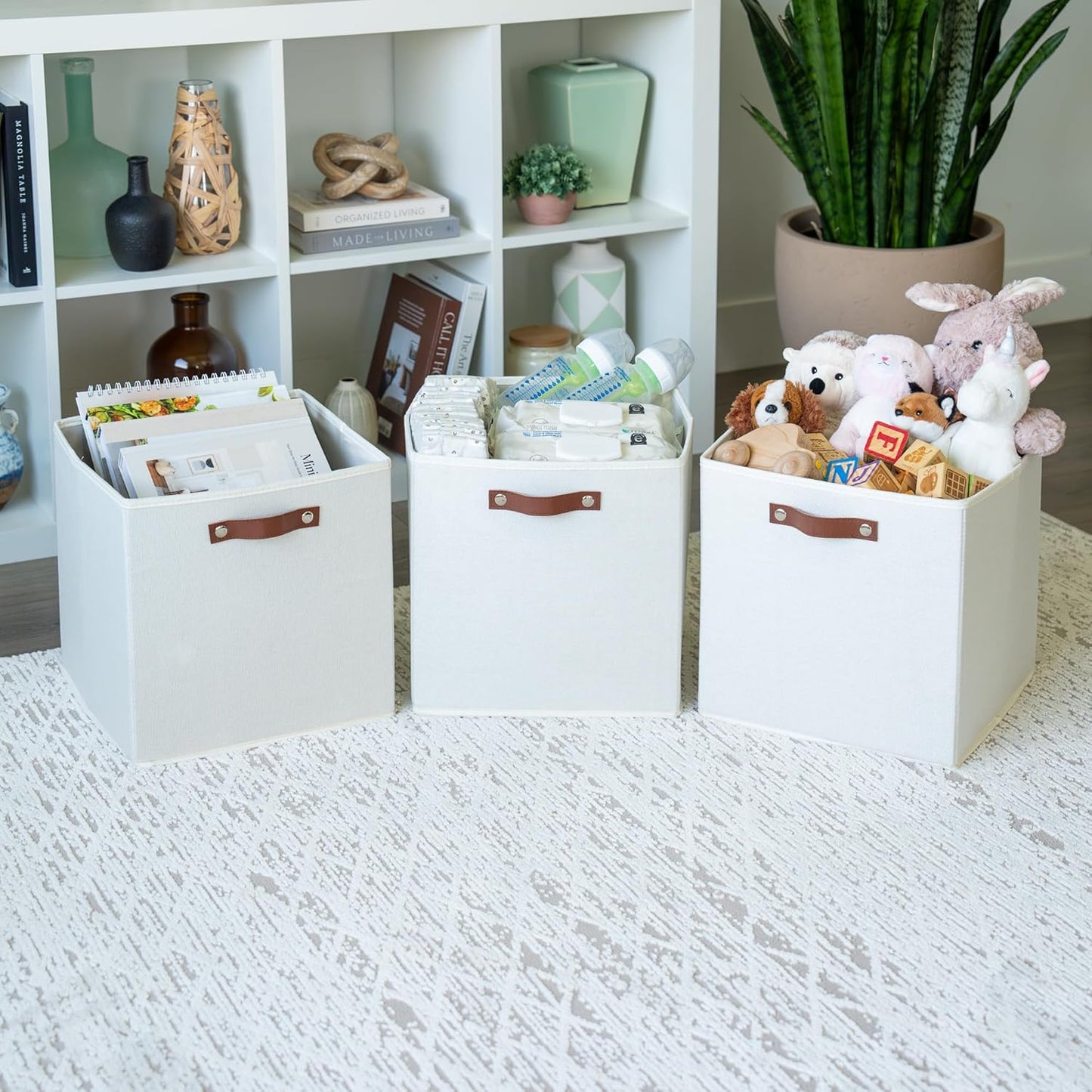 OrganiHaus 13" x 13" x 13" Cube Fabric Storage Bins Set of 4, Canvas Storage Cubes w/ Vegan Handles, 13 inch Collapsible Bins for Clothes & Toy Organizer, 13x13 Basket for Decor - White