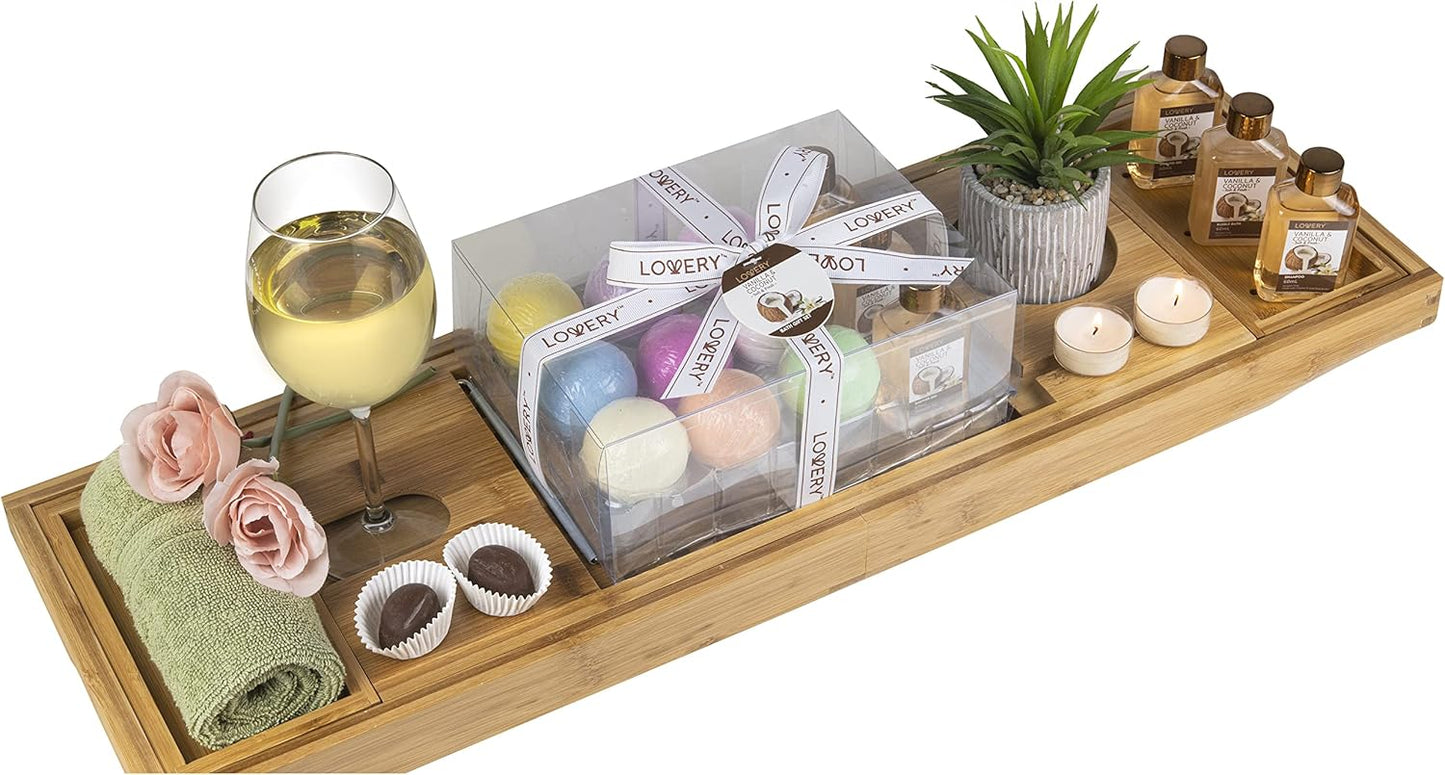 from Son, Premium Bamboo Bathtub Caddy Tray Gift Set with Bath Bombs, Shower Gel, Shampoo & Bubble Bath, Luxury Bathtub Trays with Book & Wine Holder, Expandable Tray to Fit Any Tub