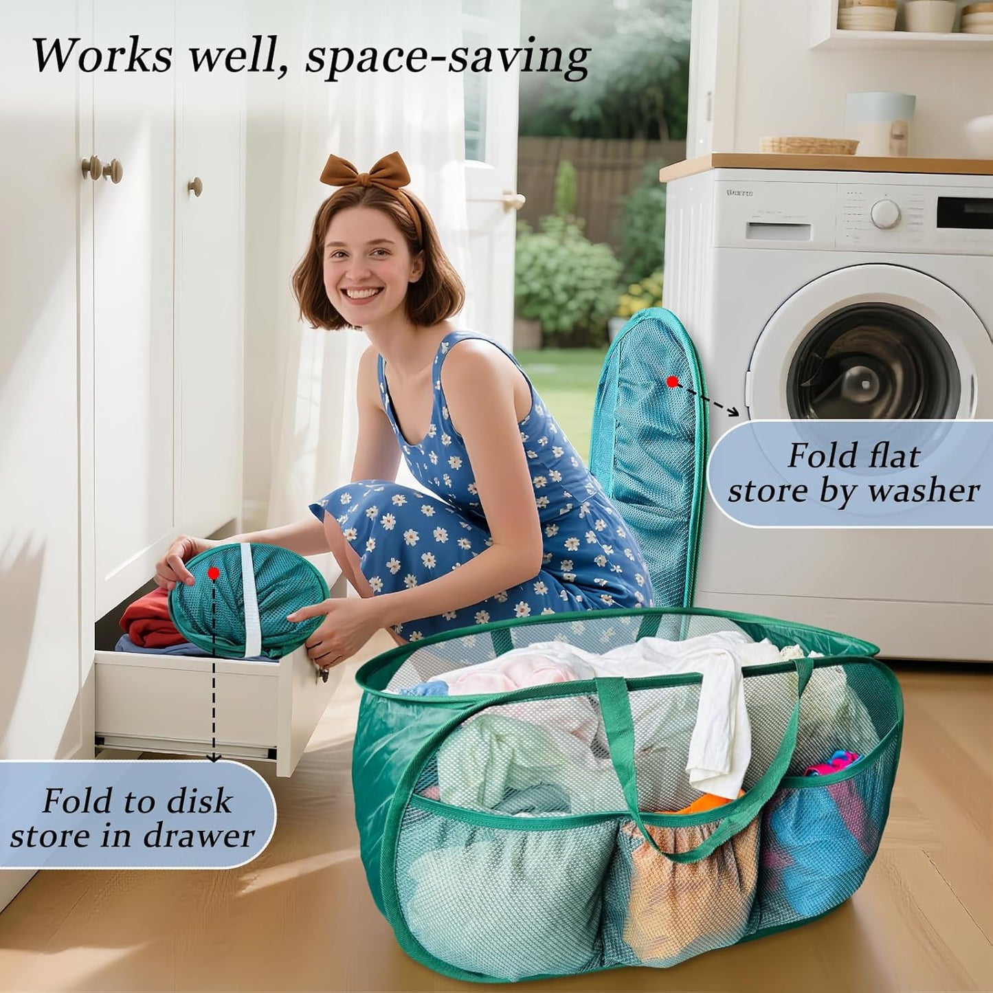 Collapsible Laundry Basket 2 pack, Mesh Pop Up Laundry Hampers with Handles, Anti-tear, Light Breathable, Odor-free, Fold Compact, Large Hold Portable Travel Laundry Bag for Home Bin, Green. H+V