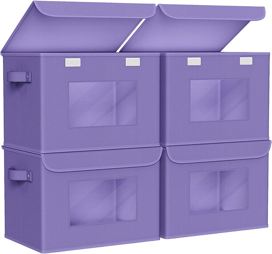 Univivi Storage Bins with Lids [4-Pack] Fabric Lidded Storage Baskets Stackable Closet Storage Bins, Closet Organizers and Storage with Lid & Clear Window for Home, Office, Bedroom (Purple)