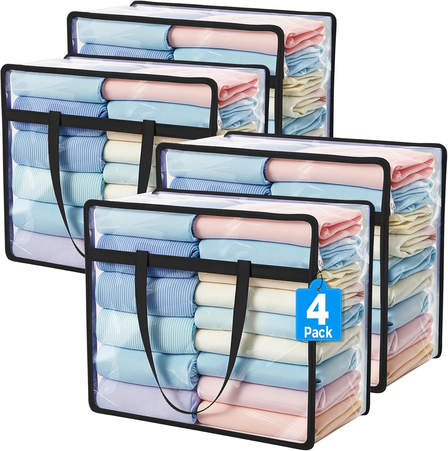 Budding Joy Clear Zippered Storage Bags for Clothes,40L Closet Organizers and Storage Containers Vinyl Moving Bag for Bedding, Linen, Blankets, Comforters, Clothing & Toys, Black, 4 Pack