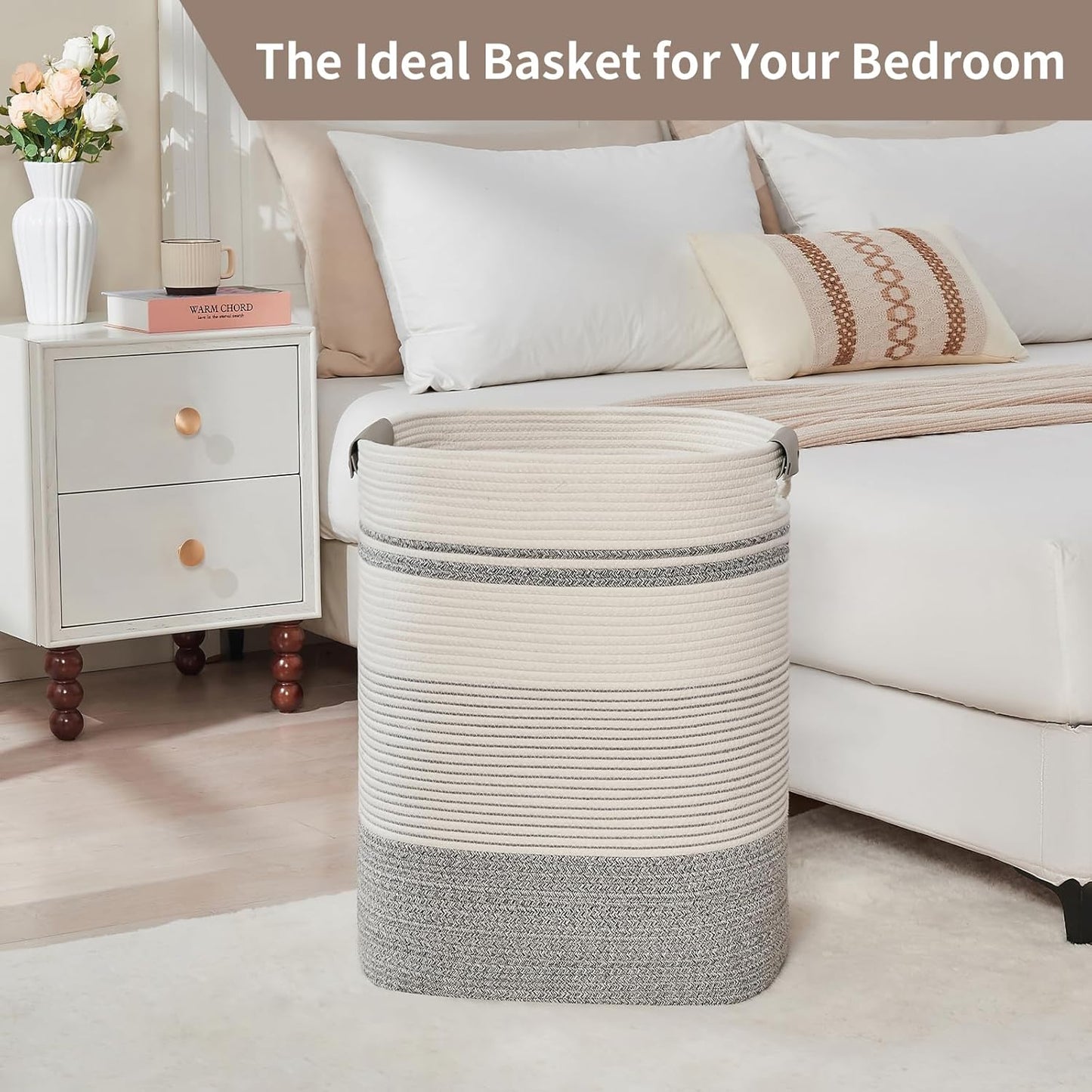 Laundry Basket with Handles - Blanket Basket & Hampers for Bedroom Aesthetic, Laundry Hamper & Blanket Storage for Living Room, Clothes Hamper, Tall, Large 17" x 14" x 22”, Grey & White