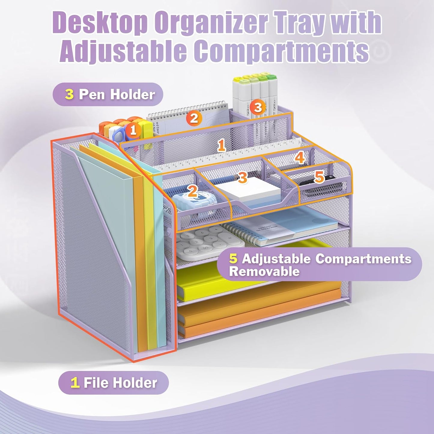 Docnest 4 Tier Mesh Desk Organizer with File Holder – Multi-Functional Paper Letter Tray with 5 Adjustable Compartments, 3 Pen Holders, Desktop Storage for Files, Mail, Stationery – Purple
