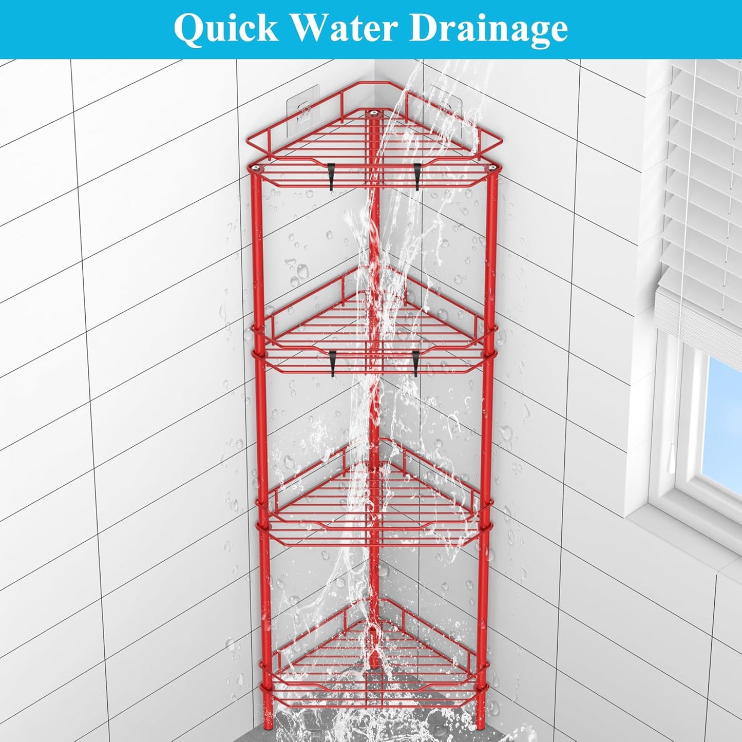 4 Tier Floor Standing Corner Shower Caddy Organizer Shelf with Hooks, Bathroom Shelves Stand Rack, Red