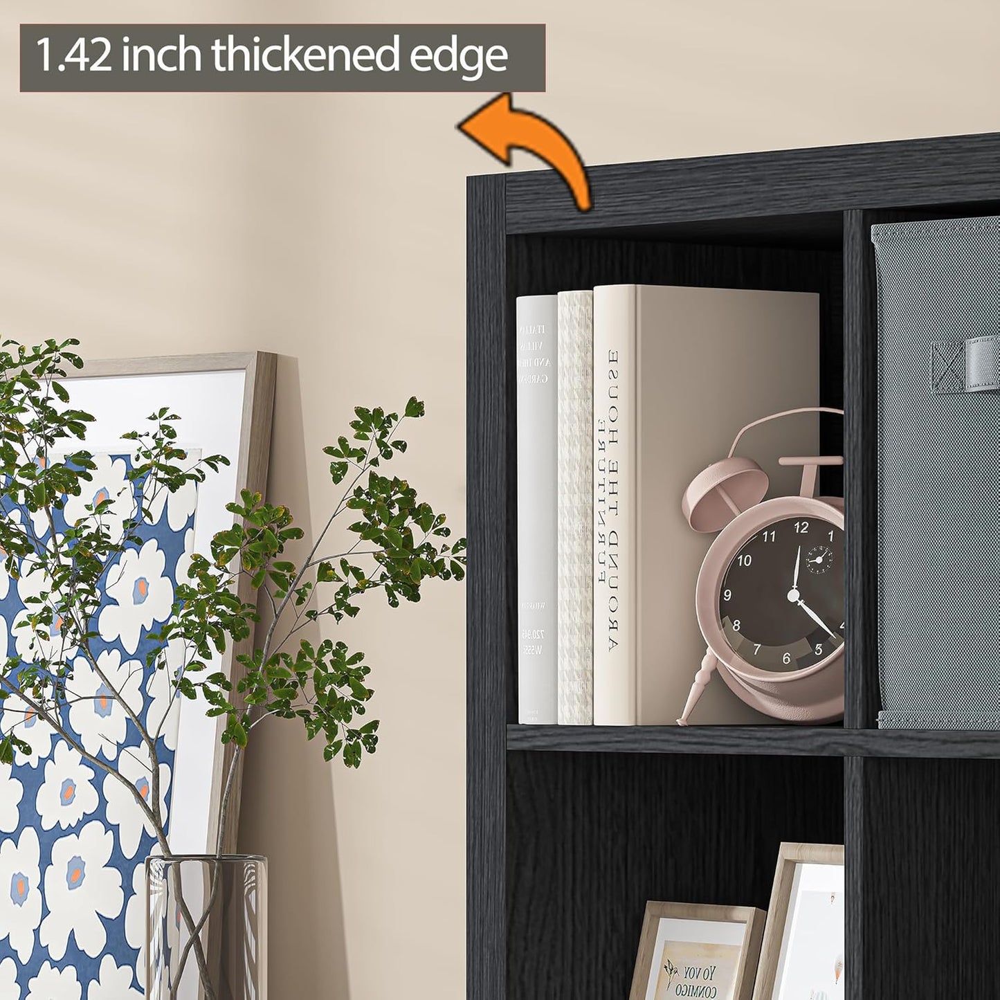 Bookshelf with Storage Bin, 4-Cube Storage Organizer, Modern Wood Open Bookcase, Multifunctional Display Shelf for Living Room, Bedroom, Home Office, Black