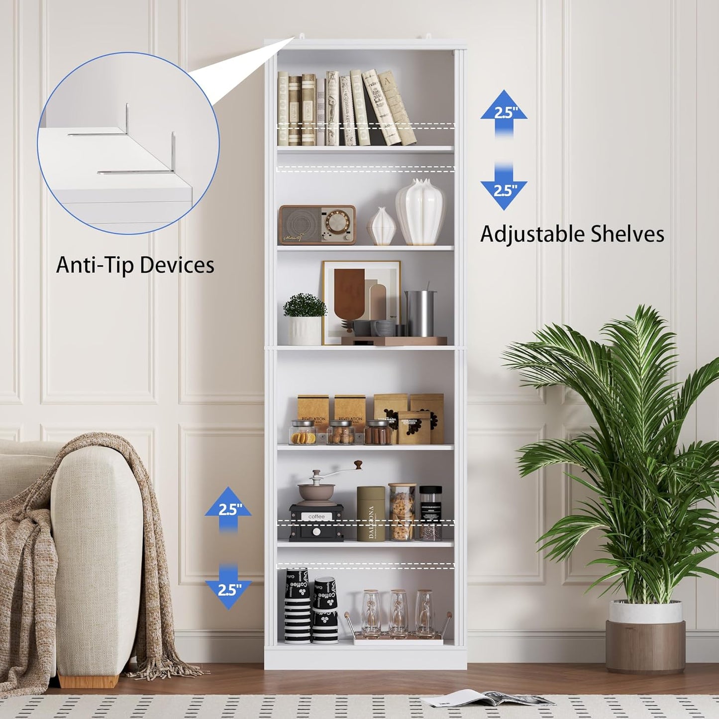 75" Tall Bookshelf, 6-Tier Floor Standing Bookcase with Adjustable Shelves, 24" Wide Open Storage Shelf, Modern Display Organizer for Home Office, Living Room, Bedroom, Study