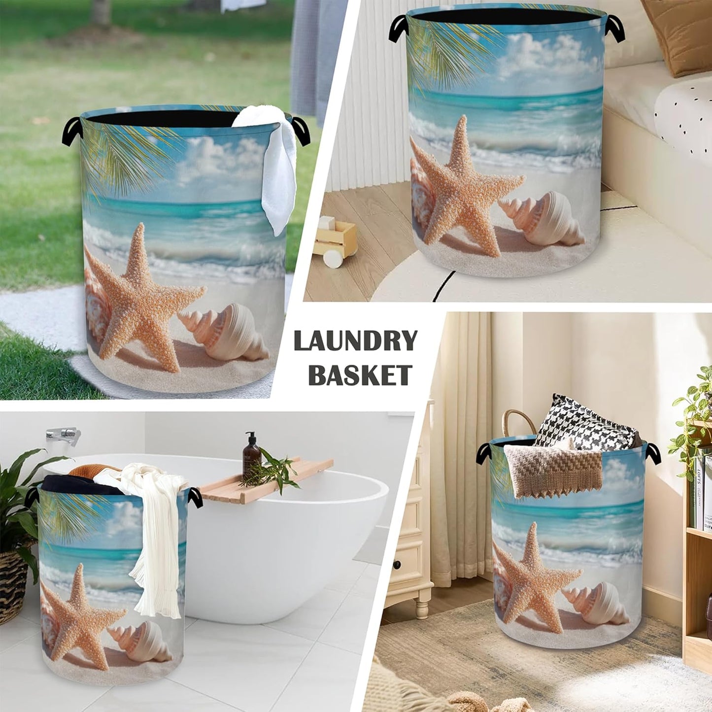 Starfish Shells Laundry Basket,Beach Oxford Cloth Laundry Hamper with Handle Foldable Portable Clothes Storage Basket for Bathroom Bedroom Dorm Room 16" x 20.8"
