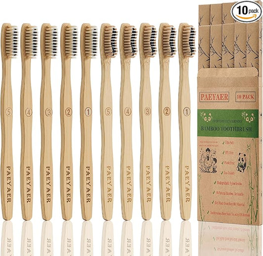 10 Count Bamboo Toothbrush (Soft+Medium) Charcoal Toothbrushes, Natural Wood Toothbrush, Reusable Travel Toothbrushes
