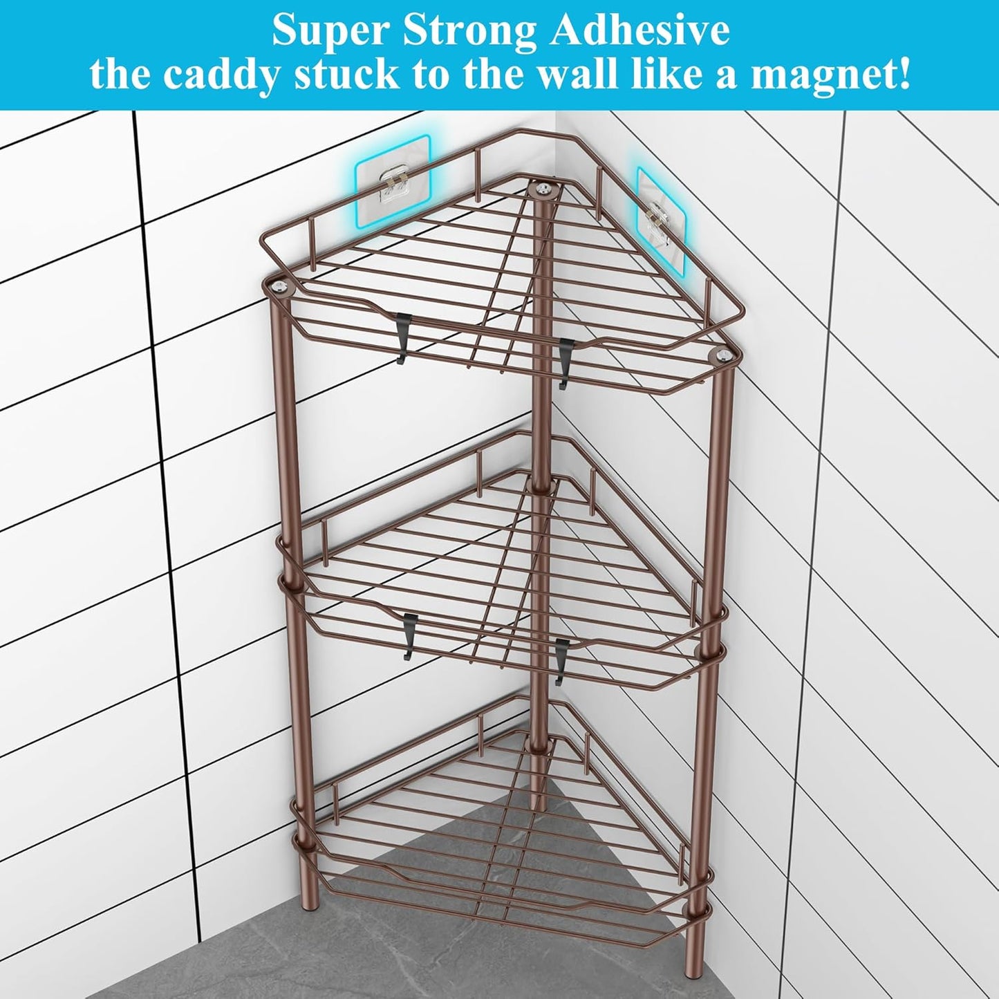 3 Tier Floor Standing Corner Shower Caddy Organizer Shelf with Hooks, Bathroom Shelves Stand Rack, Coffee