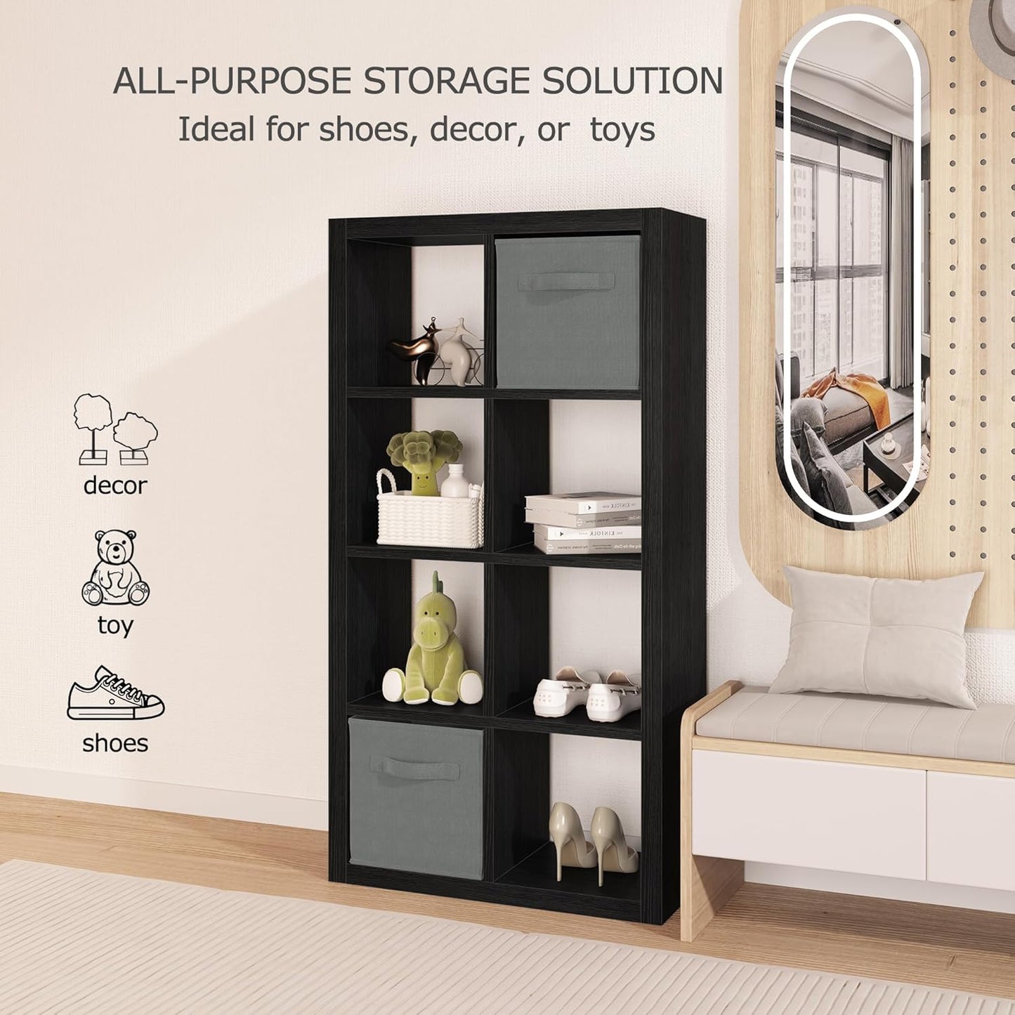 Bookshelf Cube Storage Organizer, 8-Cube Shelf Bookcase with Storage Bin, Modern Wood Open Shelf for Living Room, Bedroom, Home Office,Black