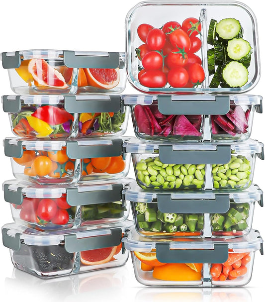 KOMUEE 10 Packs 30oz Glass Meal Prep Containers 2 Compartments,Glass Food Storage Containers with Lids,Airtight Lunch Bento Boxes,Microwave,Oven,Freezer and Dishwasher Safe