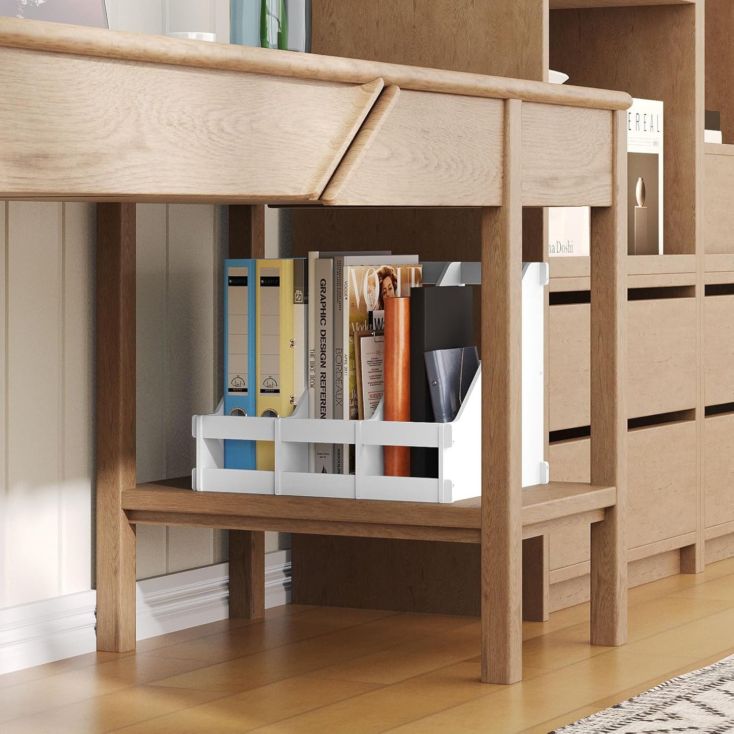 Bamboo Desktop Magazine Holder Desk File Organizer 3 Compartments Vertical File Dividers Book Holder Frames Document Cabinet Rack Storage Organizer Box for Home Office School Black (White)