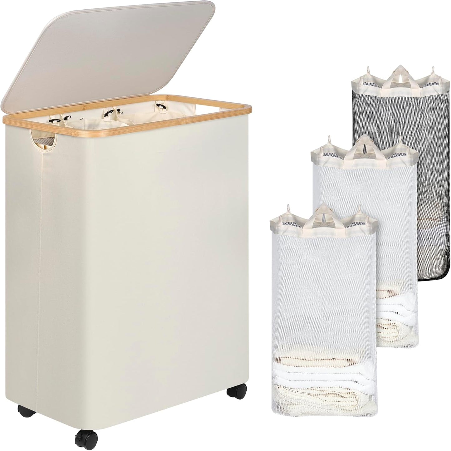 Lagre Laundry Basket with Wheels, Laundry Hamper with Lid, 160L Clothes Hamper for Laundry with 3 Liner Bags, for Laundry Room, Bedroom, Dormitory Organization,Beige