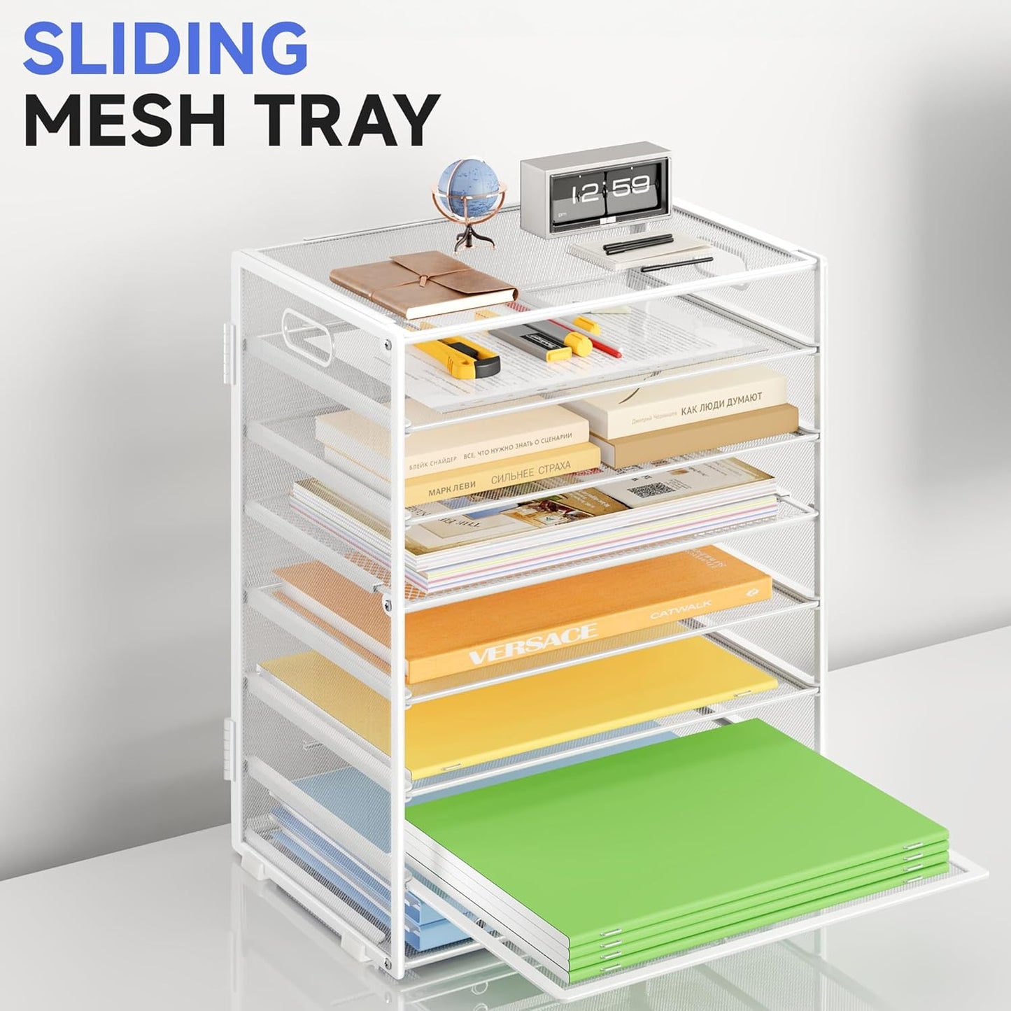 8 Tier Paper Organizer with Handle, Metal Mesh Desk File Organizer, Large Capacity Desk Organizers Paper Letter Tray Desktop Document Sorter for Office, Home or School - White
