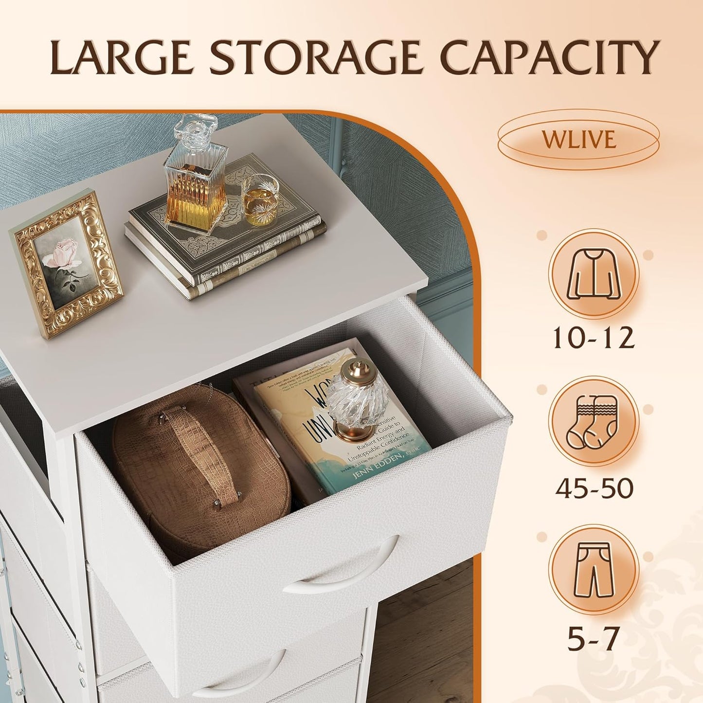 WLIVE Fabric Dresser, 5-Drawer Tall Dressers for Bedroom, Storage Dresser Organizer with Fabric Bins, Wood Top, Sturdy Steel Frame, Chest of Drawers for Closet, Hallway, White