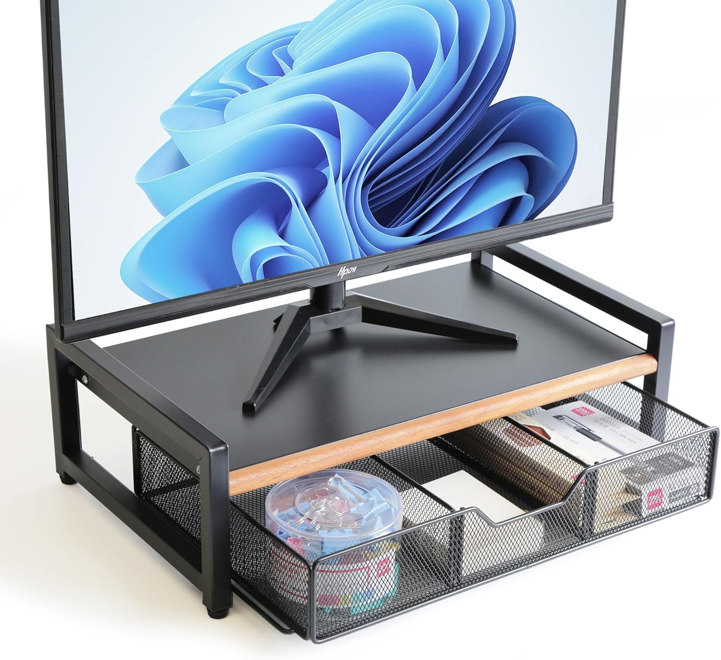 Monitor Riser,Monitor Stand for Desk -Metal Computer Riser with Solid Wood Decorative Strips.Desk Storage for Office, Home (with Storage)