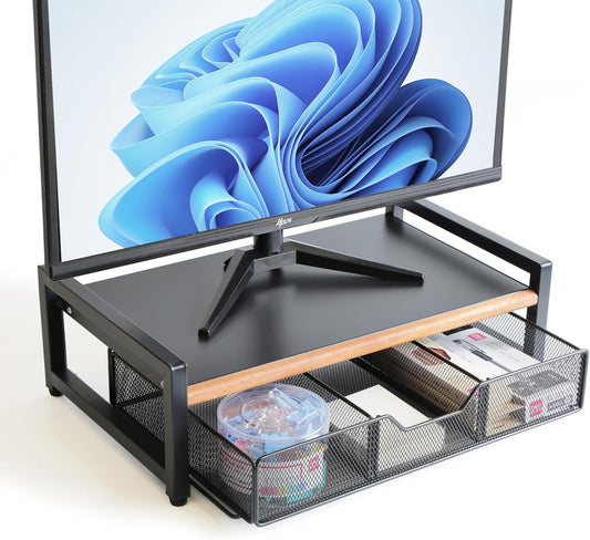 Monitor Riser,Monitor Stand for Desk -Metal Computer Riser with Solid Wood Decorative Strips.Desk Storage for Office, Home (with Storage)