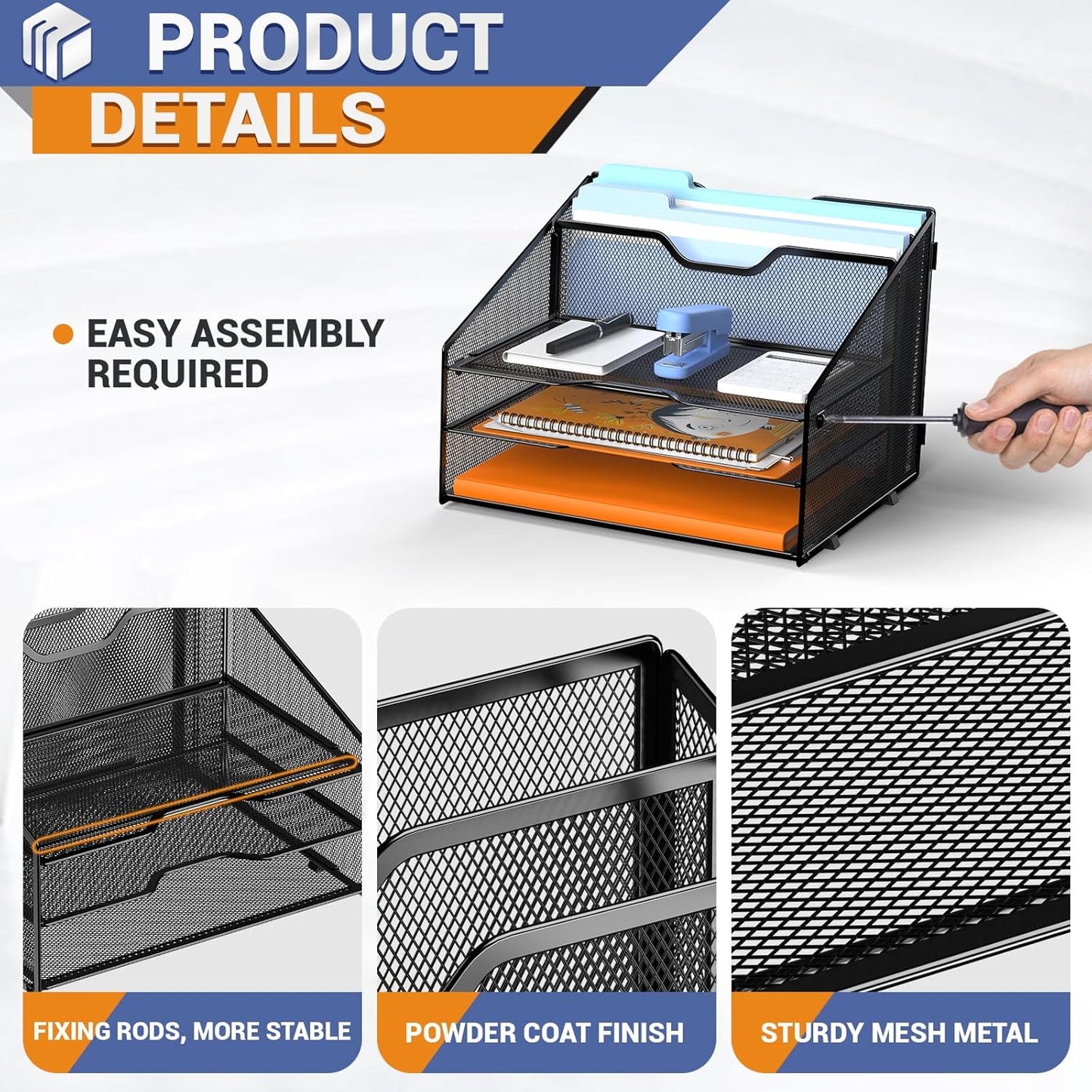 Letter Tray Organizer, Mesh Desk File Organizer with 3 Paper Trays and 2 Vertical Upright Section (Blue)