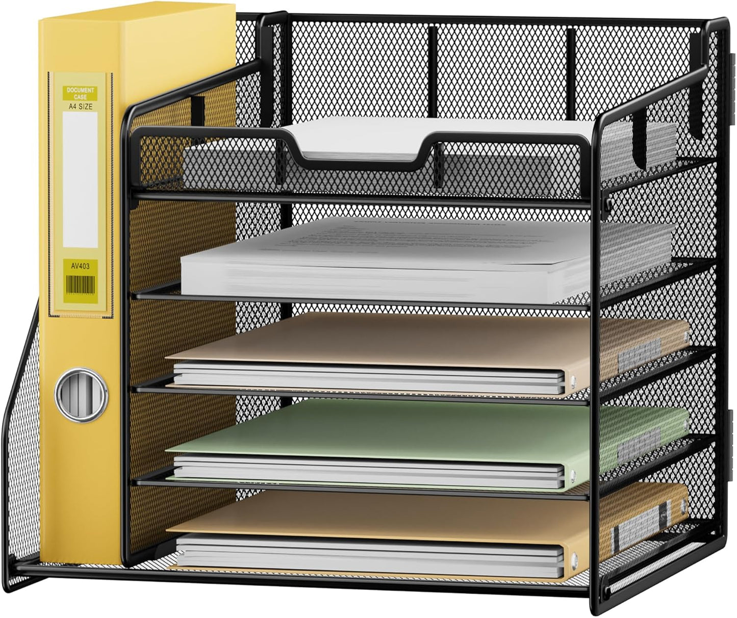 Lavatino Desk Organizer, 5-Tier Metal Mesh Paper Letter Tray with 1 File Holders & 7 Flexible Dividers for Office or Home Desk Organizers and Accessories, Keep Workspace Supplies Neat, Black