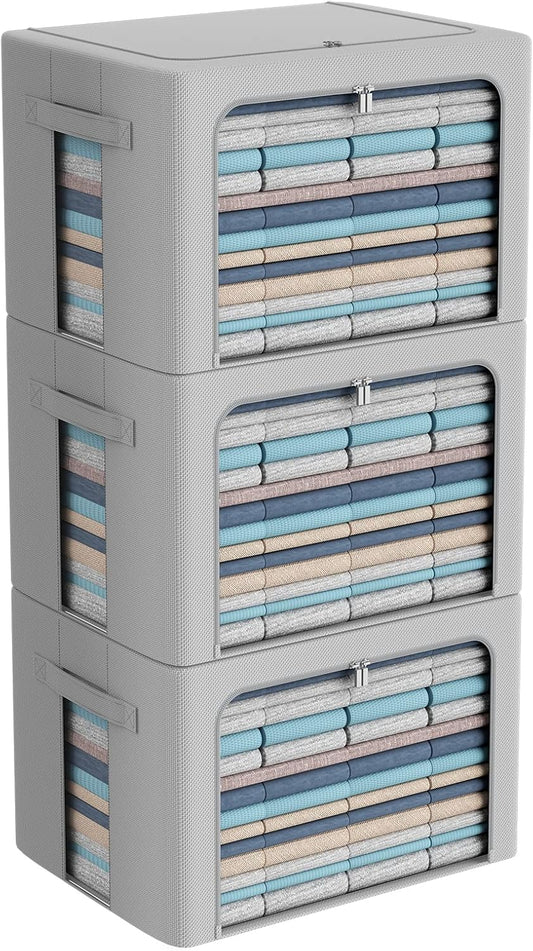 3Pack Frame Storage Box - Clothes Storage Bin Bags Oxford Fabric Foldable Stackable Container Organizer Set with Clear Window & Carry Handles (Grey, Extra Large-100L)