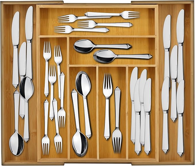 Emeril Lagasse Expandable Bamboo Drawer Organizer – Adjustable 6-8 Compartments, Kitchen Drawer Organizer for Utensils, Silverware & More – Durable Bamboo, 12.9” to 19.7” Expandable Design