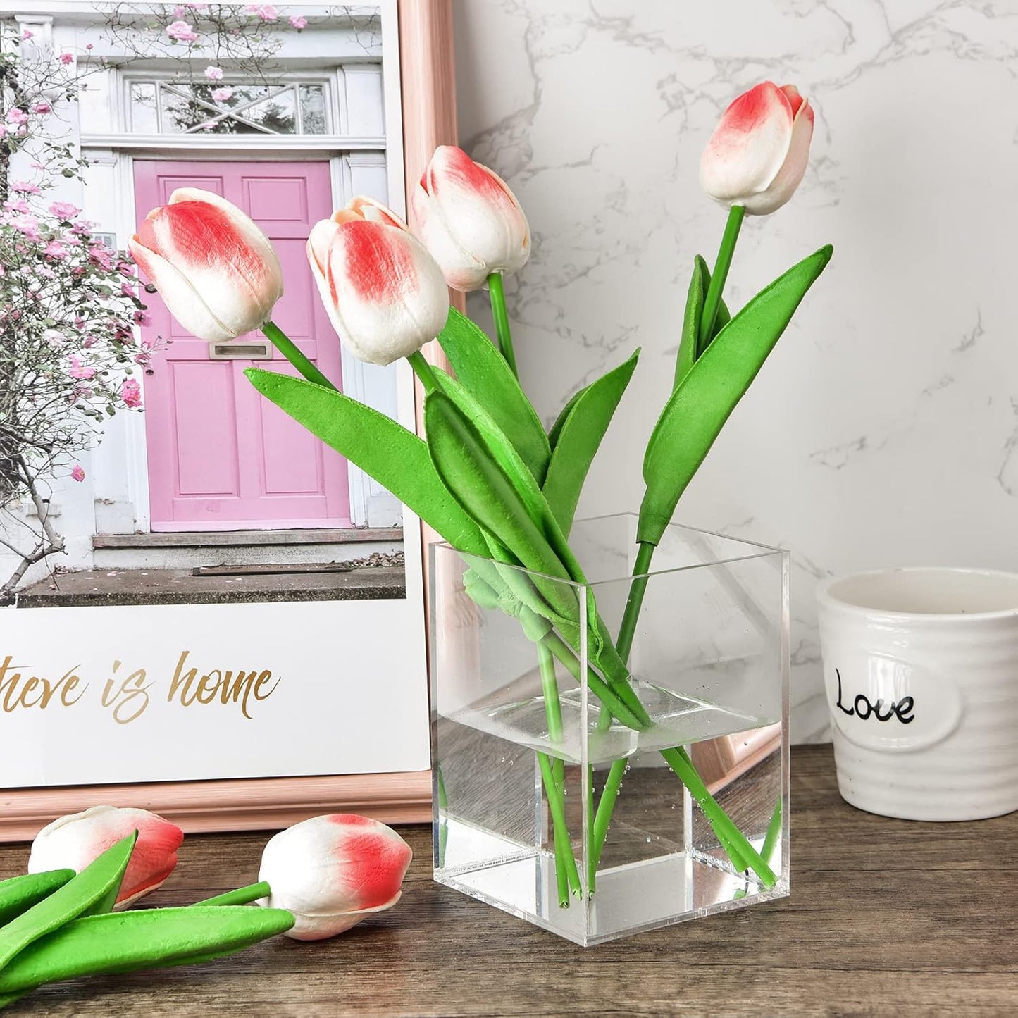 2 Pieces Clear Acrylic Pen Holder & Pencil Cup Clear Makeup Bush Holder Acrylic Desktop Stationery Organizer for Office School Home Desk Accessories - 2 Pack, Square