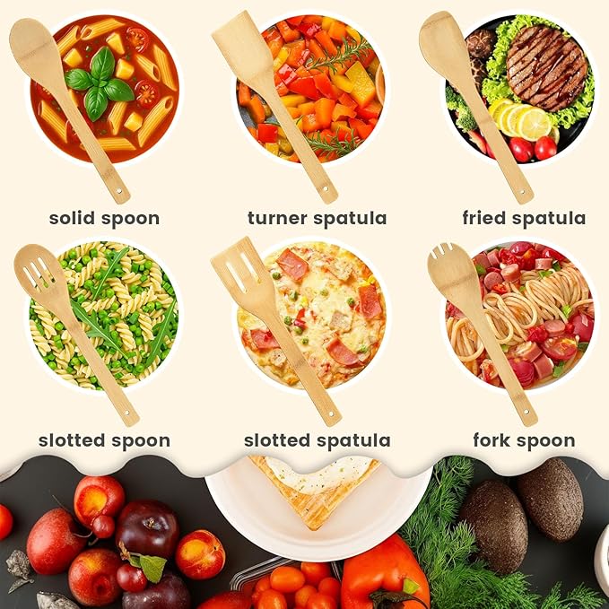 HAKSEN Bamboo Wooden Spoons for Cooking 6-Piece, Nonstick Bamboo Kitchen Utensils Set Wood Spatulas Spoons for Daily Use, Housewarming Gifts