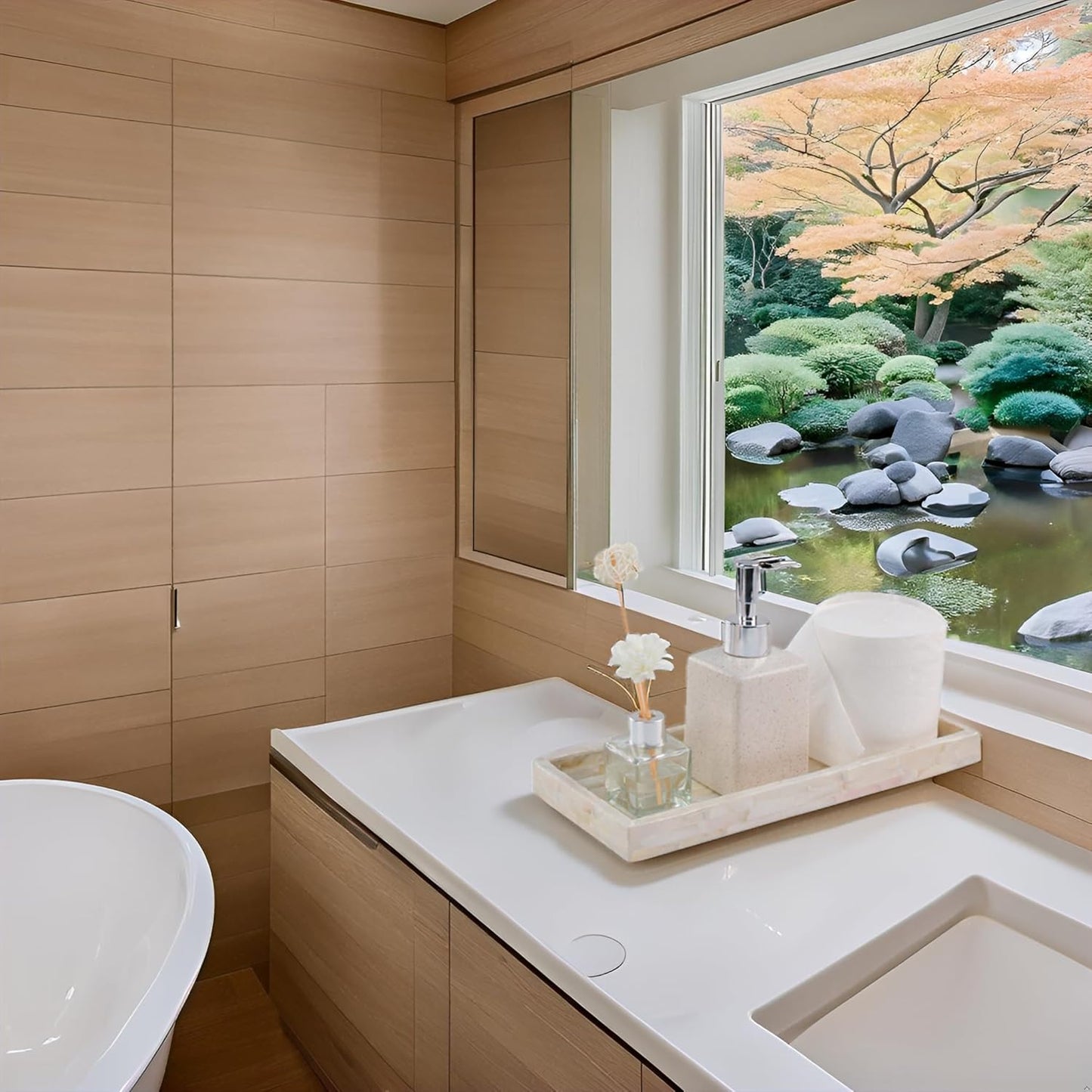 PEMAR Set of 2 Mother of Pearl Vanity Tray for Bathroom Counter, 11" Wooden Organisation Valet Tray for Perfume Makeup Bedroom Dresser Kitchen Sink Countertop Organizer, Toilet Tank (White Tiles)