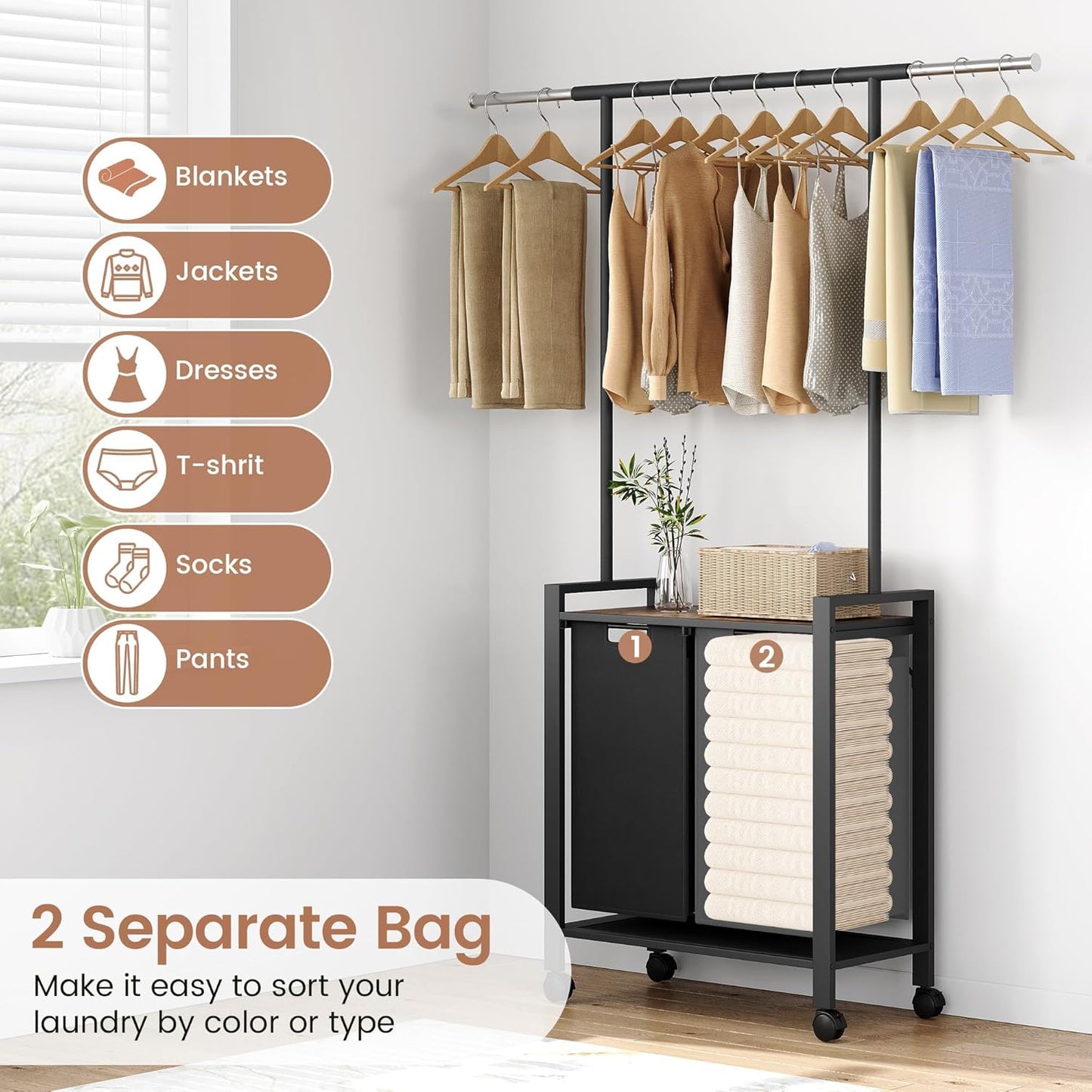 2 Laundry Hamper Sorter with Wheel/Lockable, Laundry Room Organization With Shelf, 42" Hanging Rack+12" Extendable Rod, Laundry Basket for Balcony, Cloakroom
